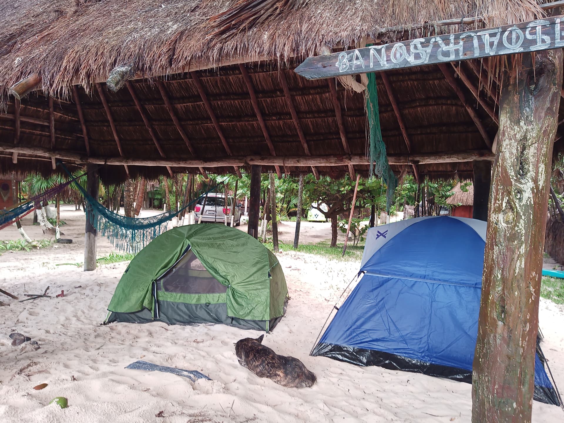 Two camping tents on the sand under a thatched palapa at El Último Maya, Tulum, with a baños sign overhead