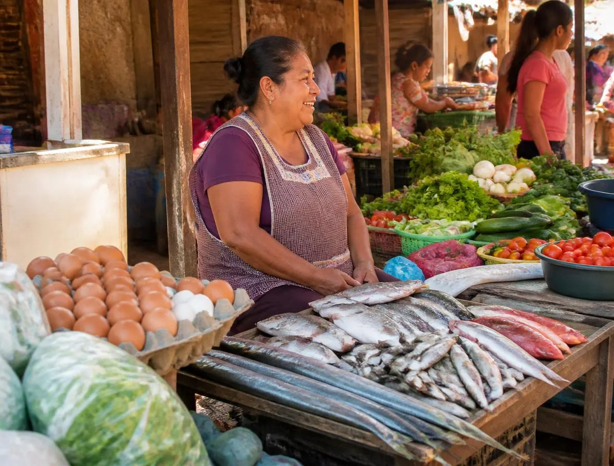 Open-air local market with fresh vegetables, eggs and the morning fish catch